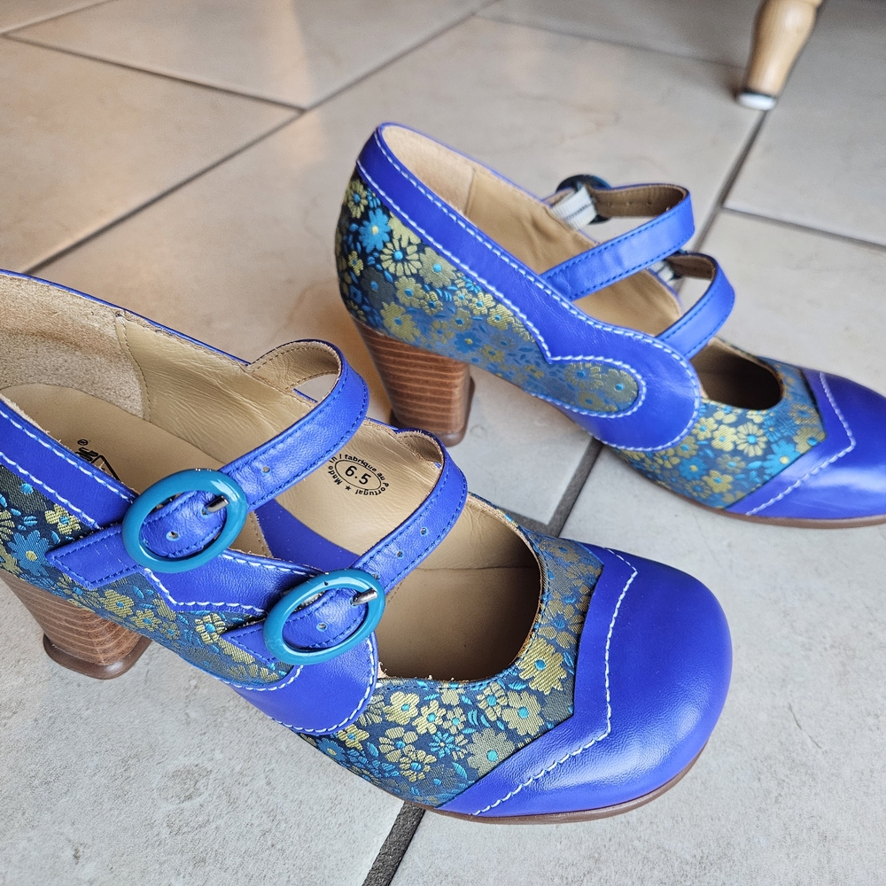 John Fluevog Blue and Green Floral Heels